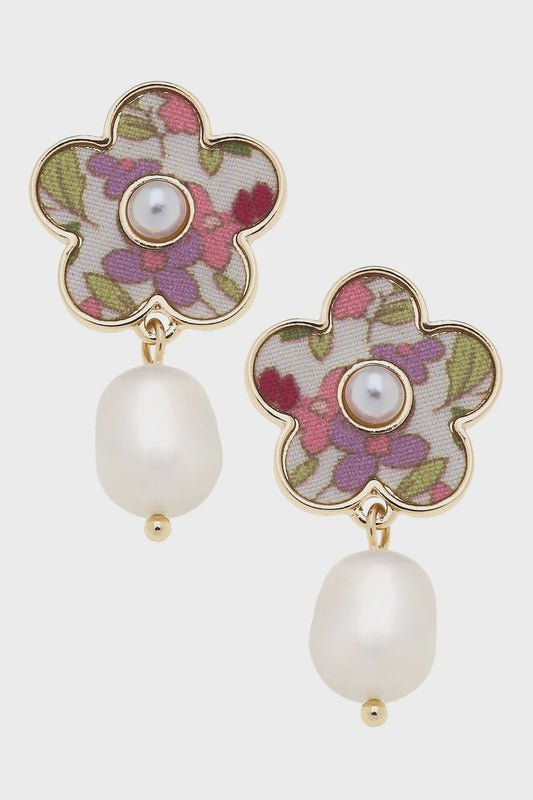 Penelope Vintage Floral Pearl Drop Earrings in Pink